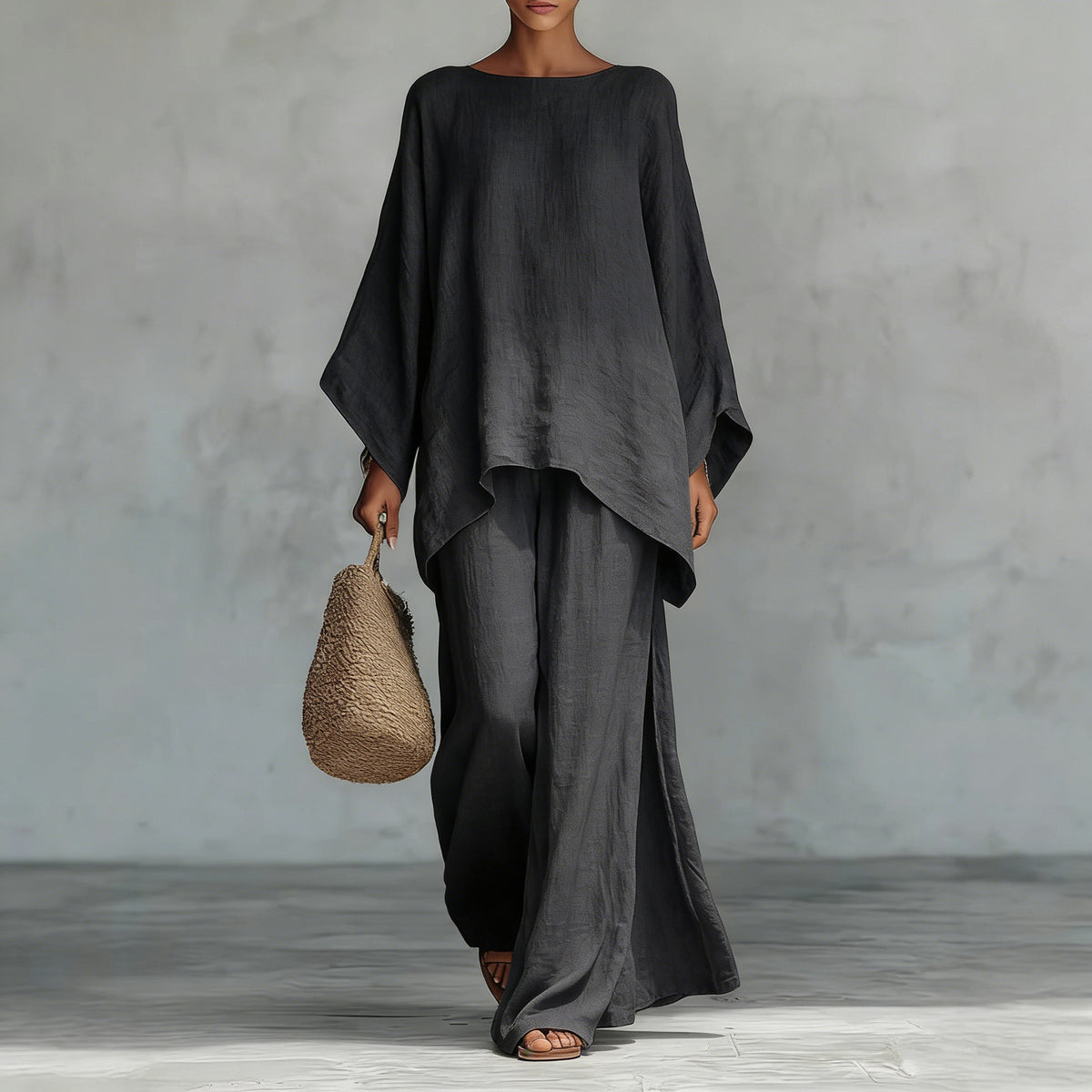 Relaxed two-piece set with long-sleeve top and wide-leg pants