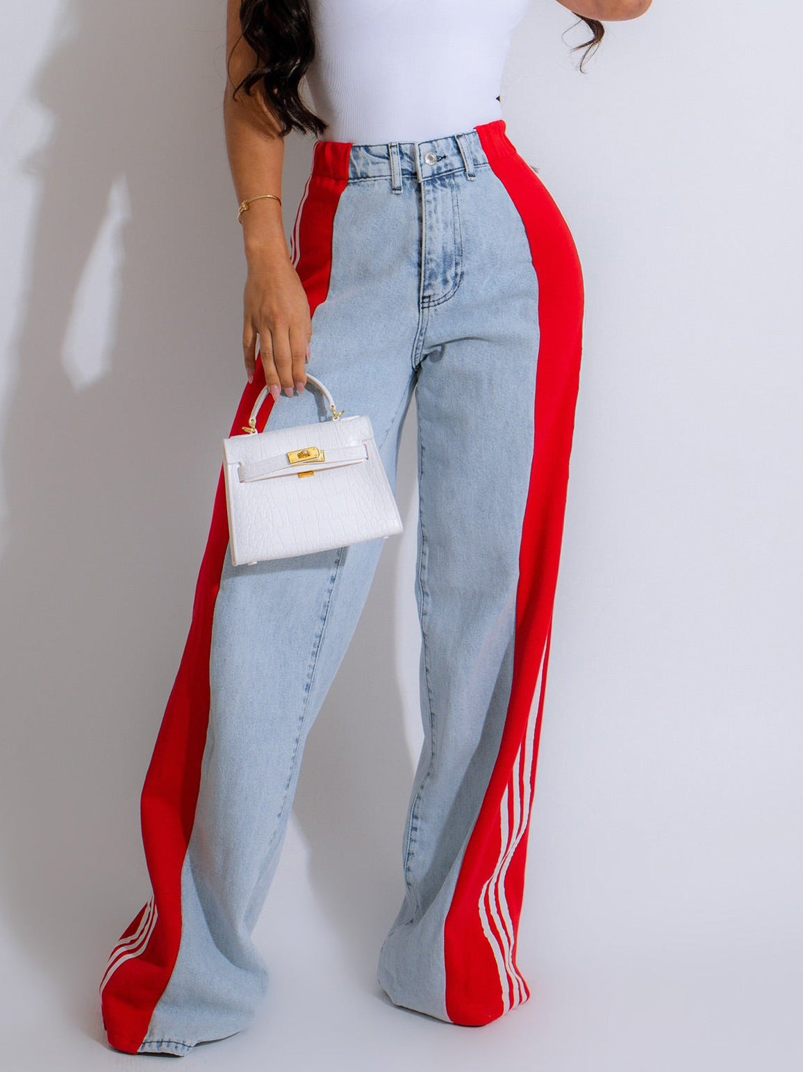 High-waisted wide leg jeans with side stripe, stretchy fit