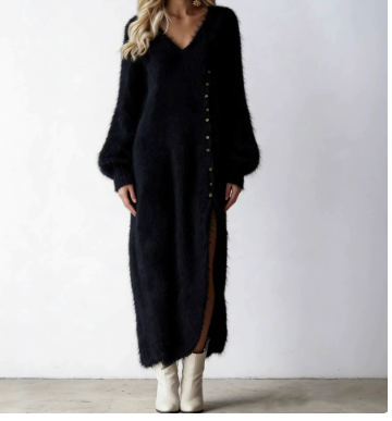 Chic Split Knitted Maxi Dress With Buttons, V-Neck, Fleece Feel