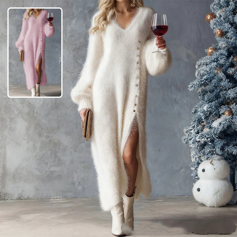 Chic Split Knitted Maxi Dress With Buttons, V-Neck, Fleece Feel