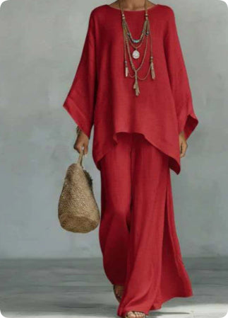 Relaxed two-piece set with long-sleeve top and wide-leg pants