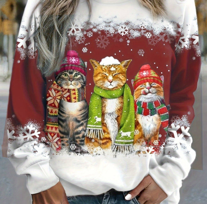 Women's Christmas top with snowman and cat print, relaxed fit