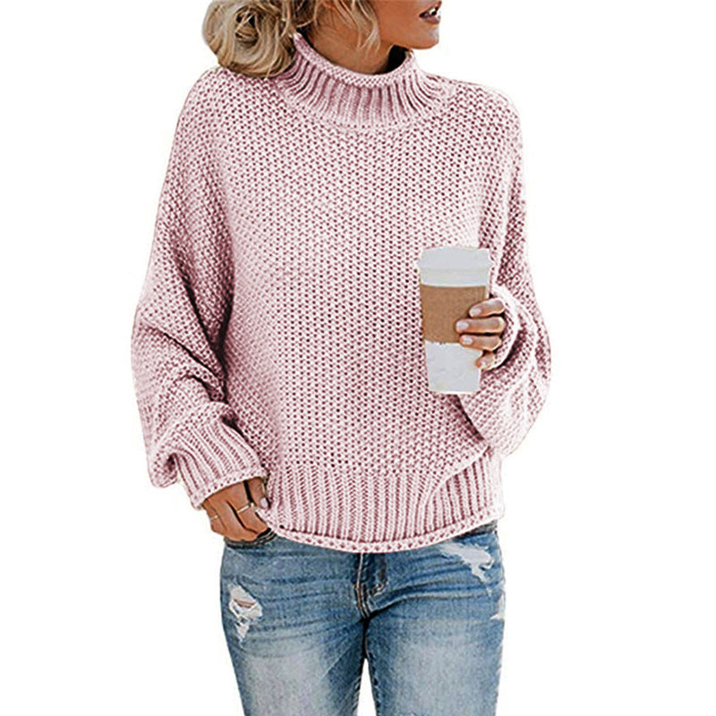 Women's Solid Turtleneck Pullover Jumper In Thick Acrylic Knit