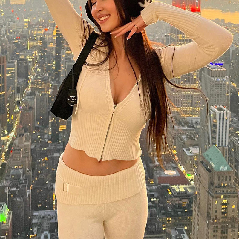 Woman in ribbed knit zip hoodie set