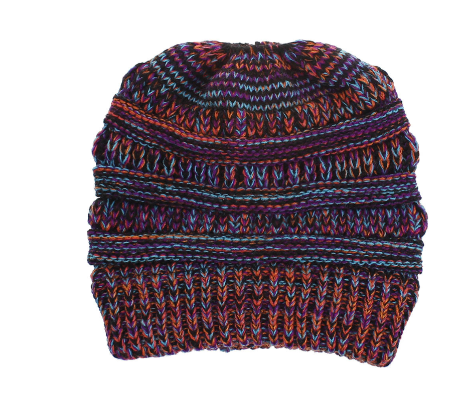 Women's Mixed-Colour Knitted Ponytail Beanie, Acrylic Wool