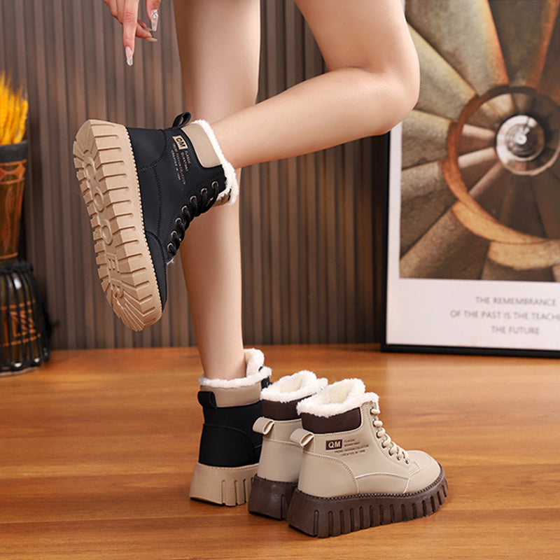 Lace-Up Fleece Snow Boots For Women, Ankle Style With Chunky Sole