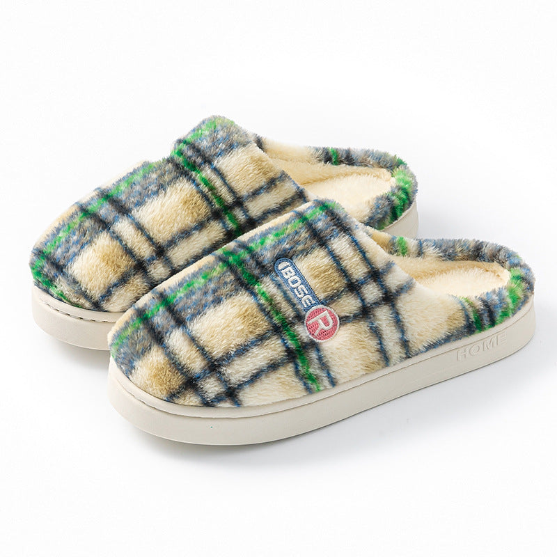 Women's Plaid Plush Slippers, Non-Slip PVC Sole, Cotton Cloth