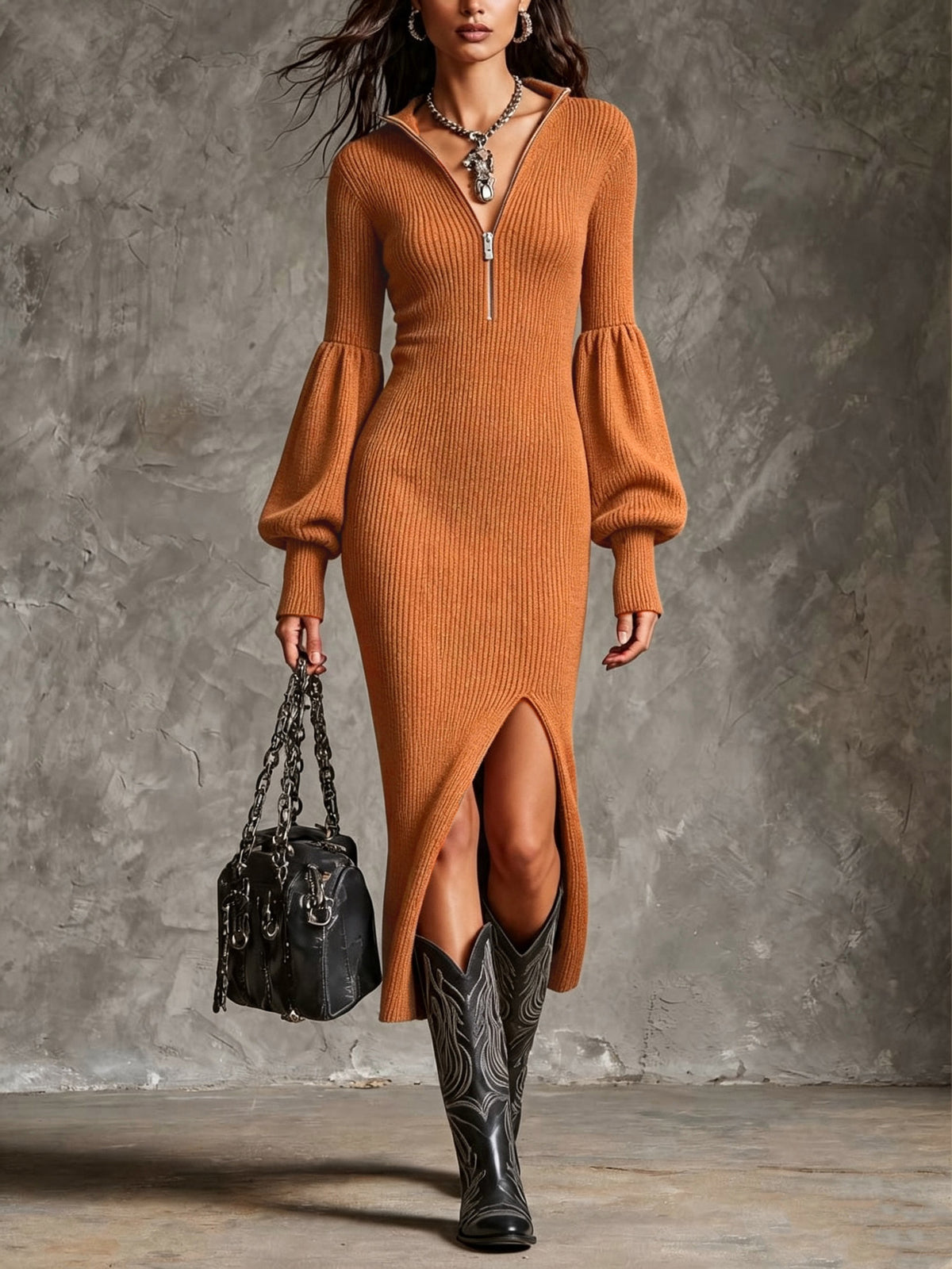 Women's Knitted Zip Dress With Stand Collar And Lantern Sleeves