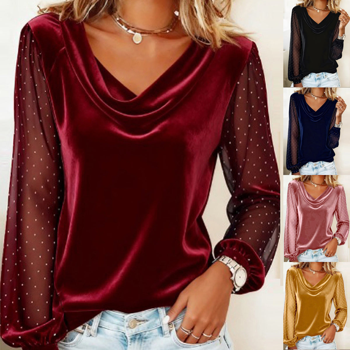Velvet V-neck top with sparkly mesh sleeves for parties