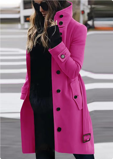 Women's Slim Fit Woollen Coat With Stand Collar, Single-Breasted