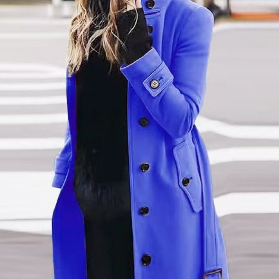Women's Slim Fit Woollen Coat With Stand Collar, Single-Breasted