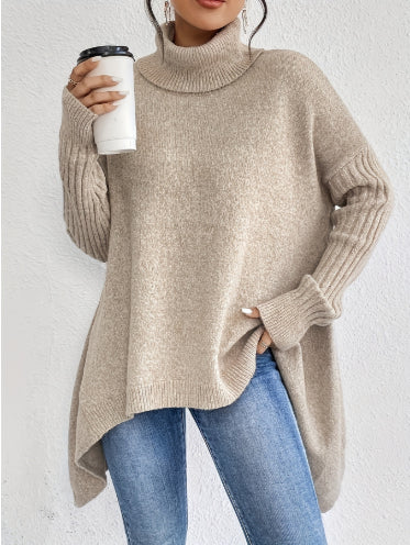 Irregular Hem Turtleneck Jumper For Women, Loose Knitted