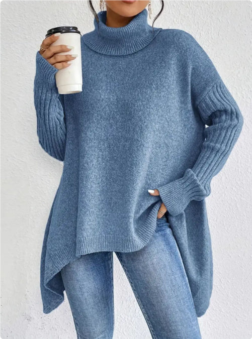 Irregular Hem Turtleneck Jumper For Women, Loose Knitted
