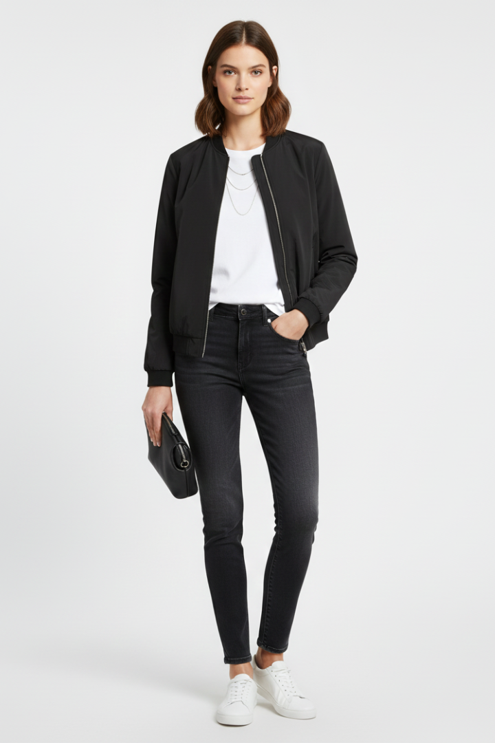 Women’s Bomber Jacket with Ribbed Details and Zipper Closure