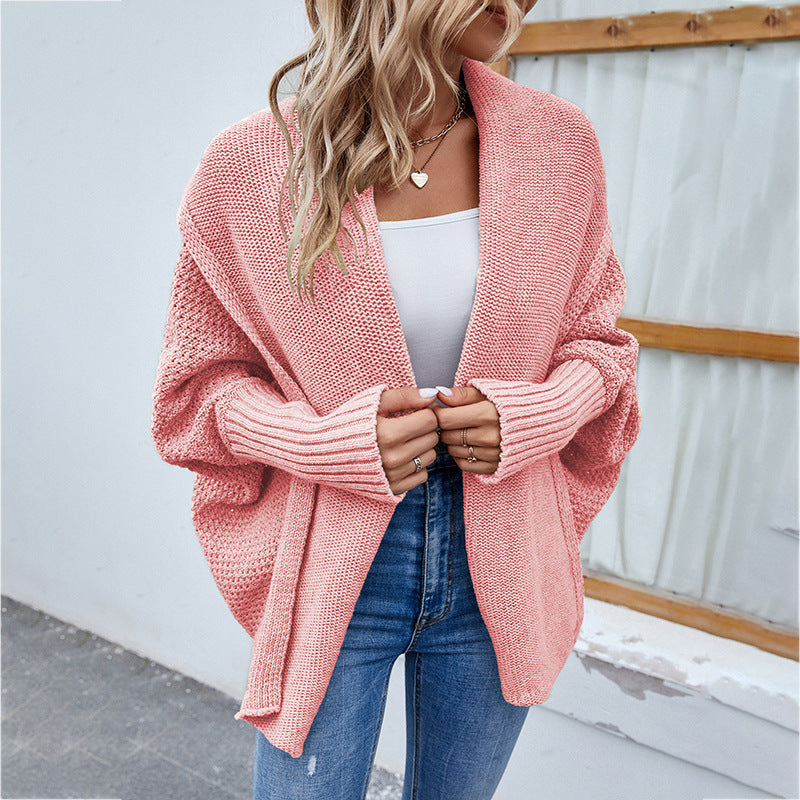 Women's Loose Knitted Cardigan With Bat Sleeves And Large Lapel