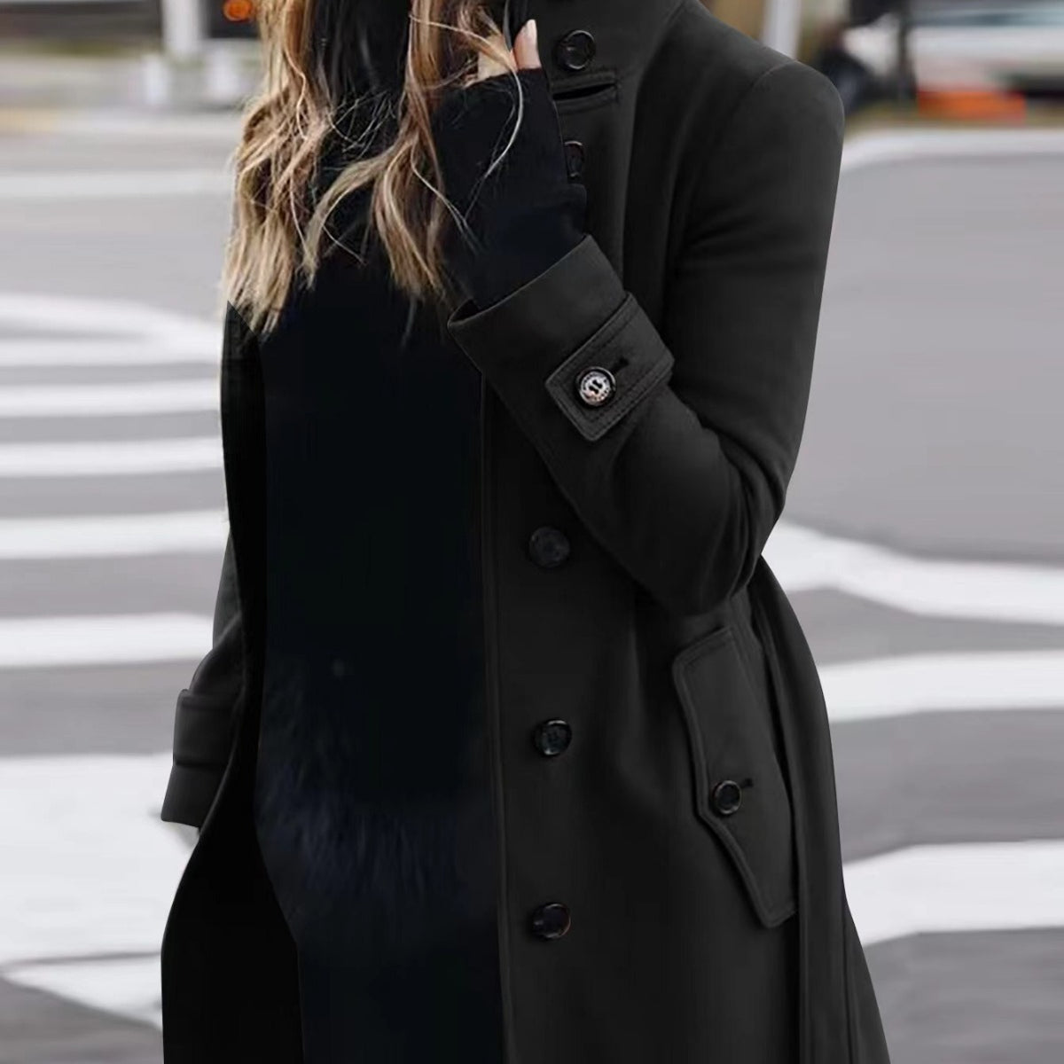 Women's Slim Fit Woollen Coat With Stand Collar, Single-Breasted