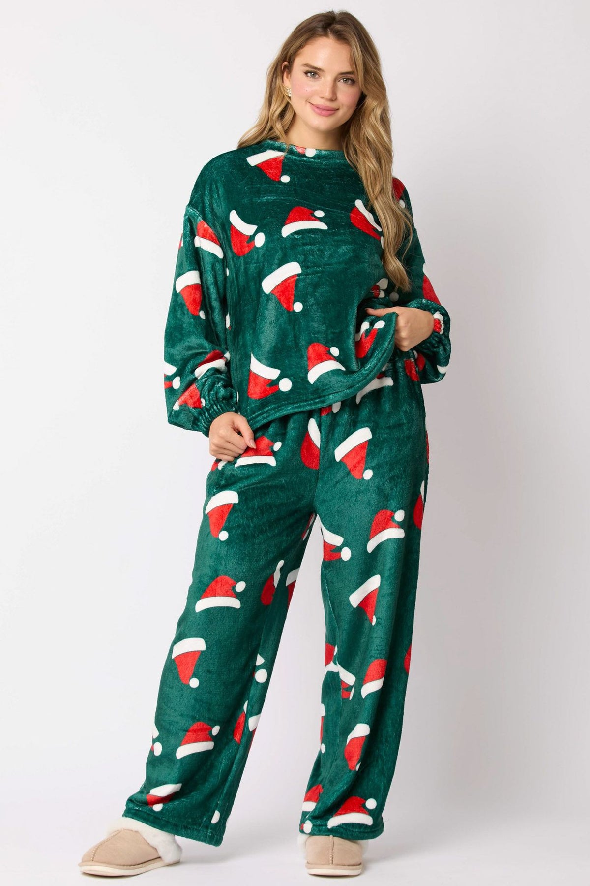 Women's Flannel Christmas Pyjama Set With Santa Design, 2 Piece