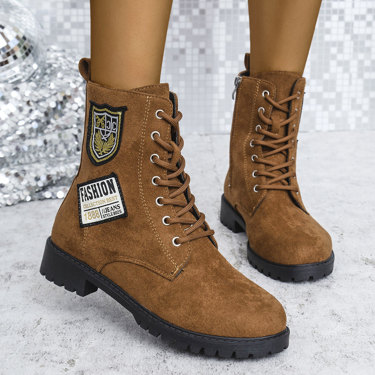Lace-up chunky heel boots with round toe and grippy rubber sole