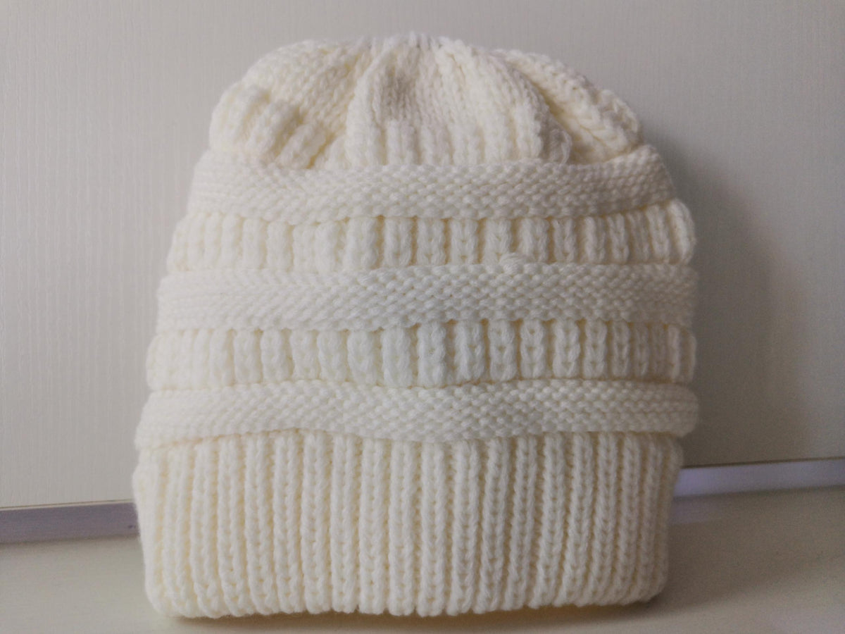 Women's Mixed-Colour Knitted Ponytail Beanie, Acrylic Wool
