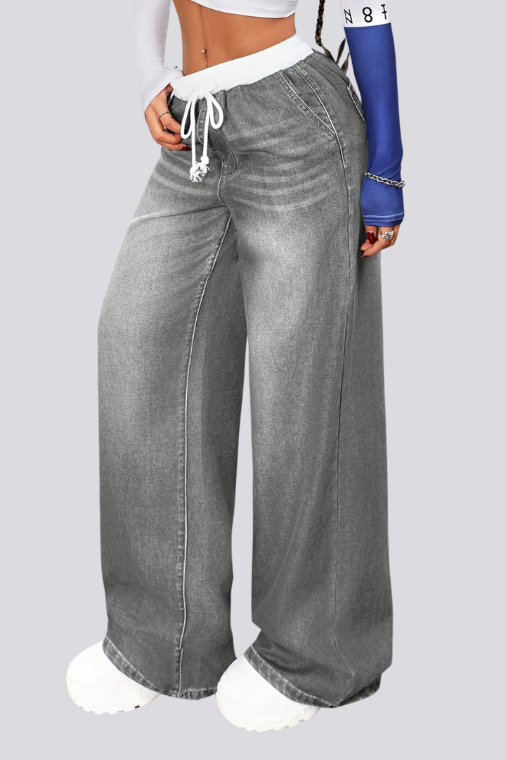 Women’s Straight-Leg Jeans with Drawstring Waist and Wide Legs