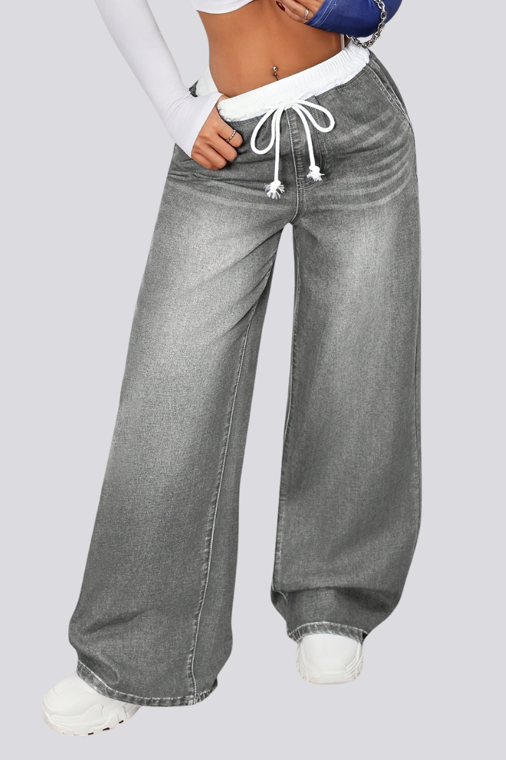 Women’s Straight-Leg Jeans with Drawstring Waist and Wide Legs