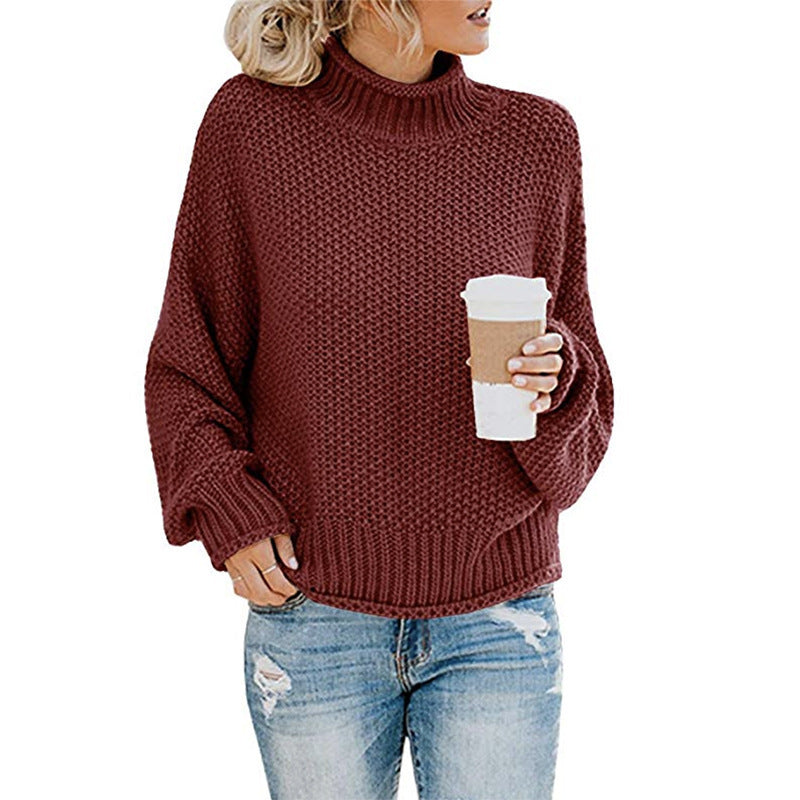 Women's Solid Turtleneck Pullover Jumper In Thick Acrylic Knit