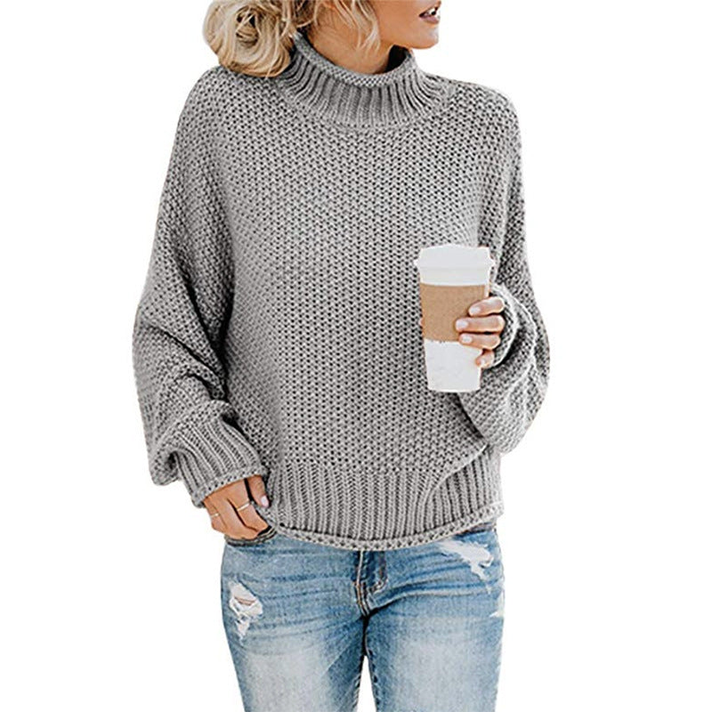 Women's Solid Turtleneck Pullover Jumper In Thick Acrylic Knit