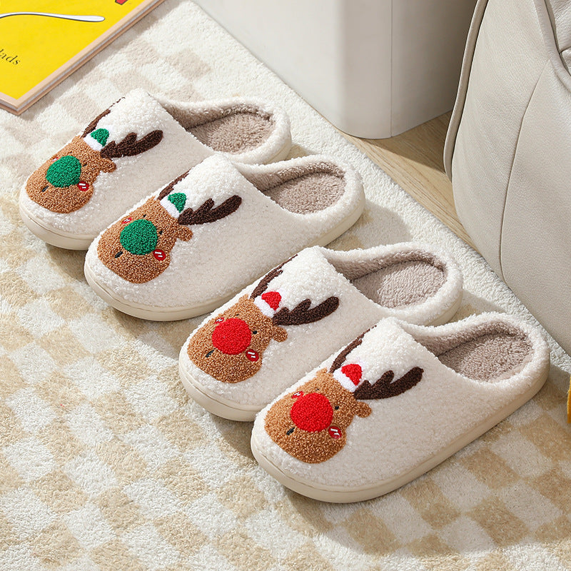 Christmas Elk Plush Slip-On Slippers, Cosy Bedroom Shoes