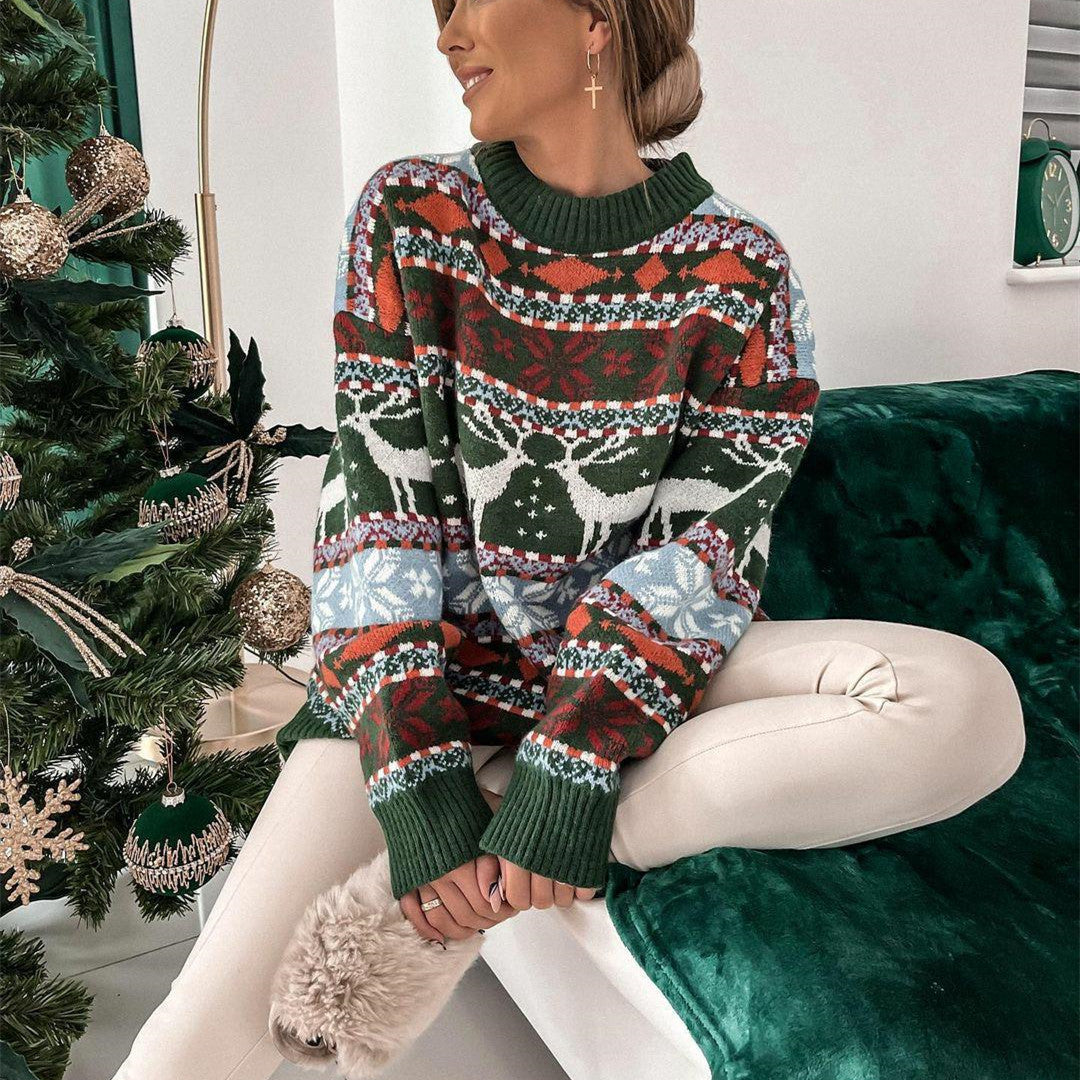 Women's Christmas Jacquard Jumper, Round Neck And Loose Fit