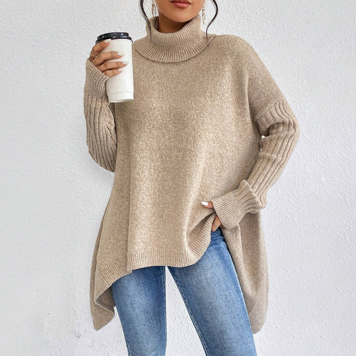 Irregular Hem Turtleneck Jumper For Women, Loose Knitted