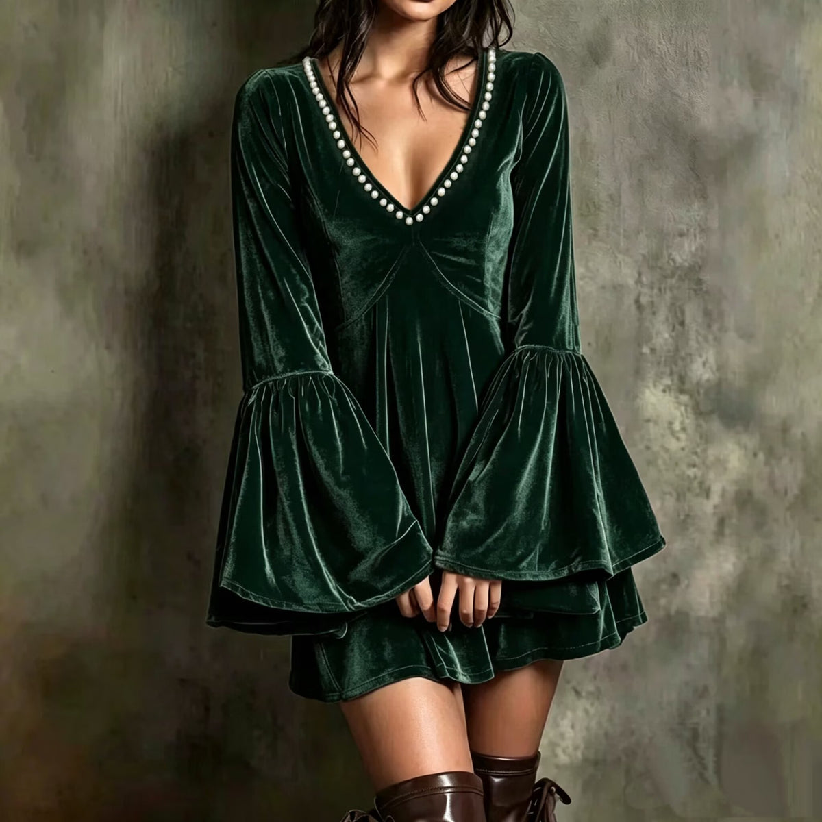 Elegant Velvet Mini Dress With Beaded V-Neck And Flare Sleeves