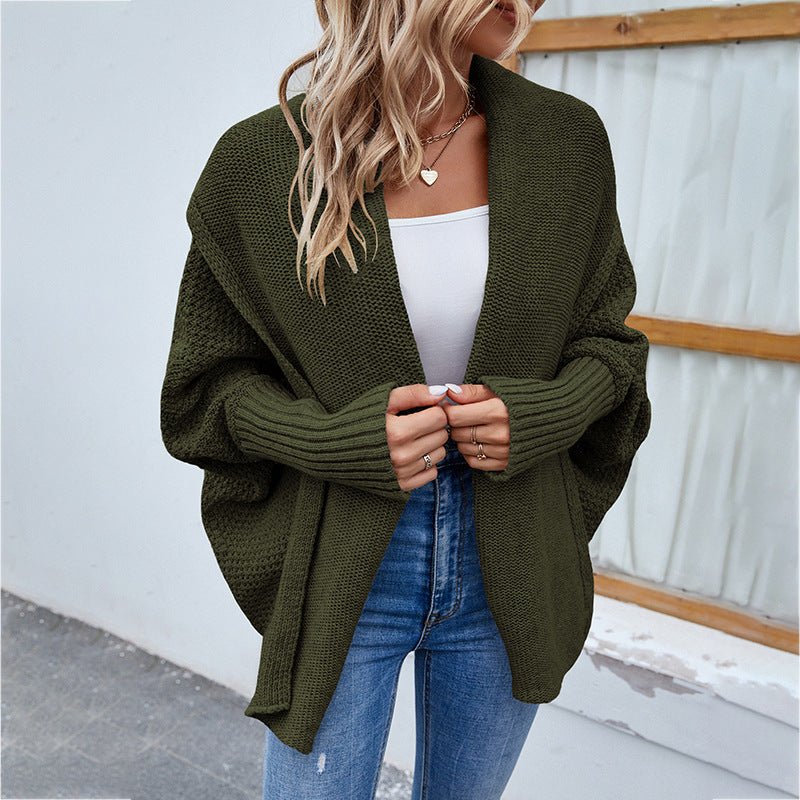 Women's Loose Knitted Cardigan With Bat Sleeves And Large Lapel