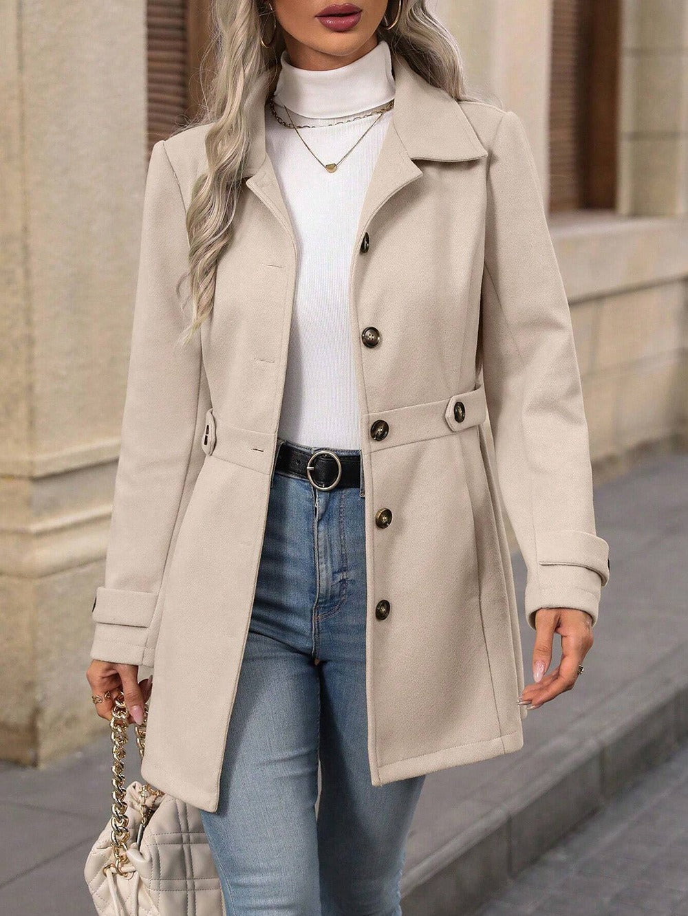 Women's Elegant Single-Breasted Woollen Coat With Lapel
