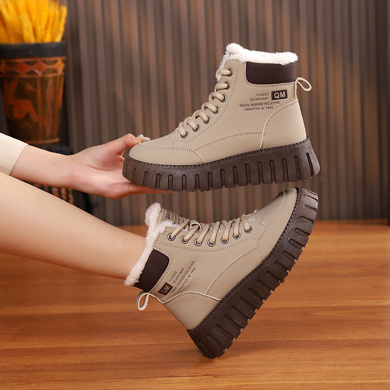 Lace-Up Fleece Snow Boots For Women, Ankle Style With Chunky Sole