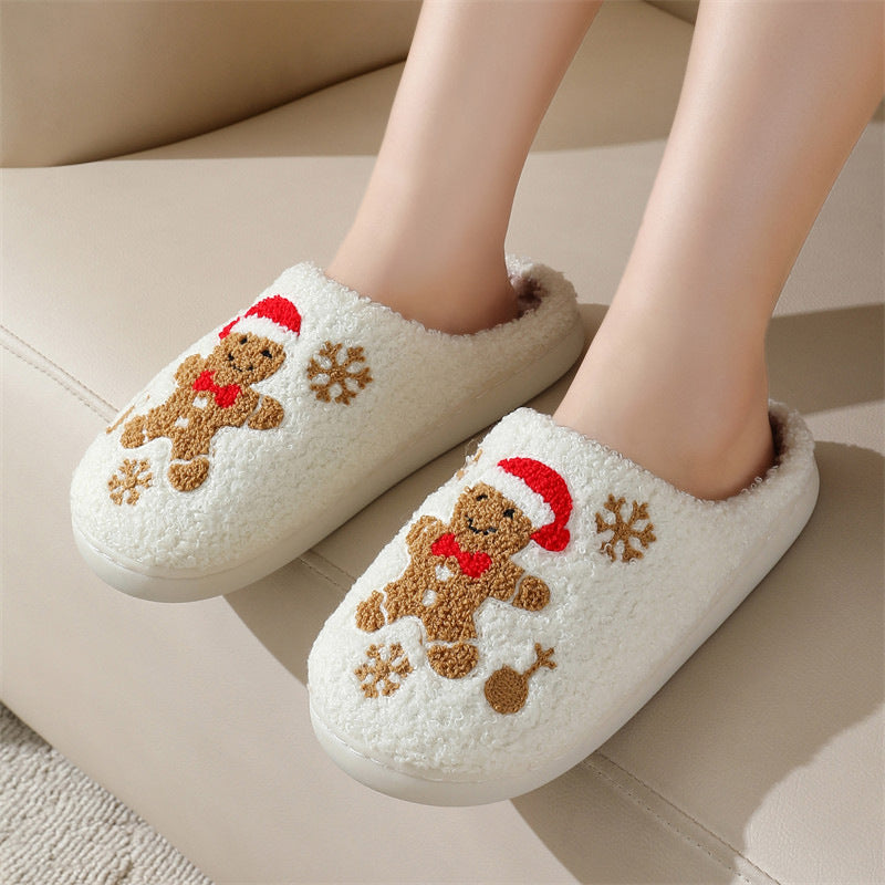 Christmas Gingerbread Man Fuzzy Slippers With Snowflake Design