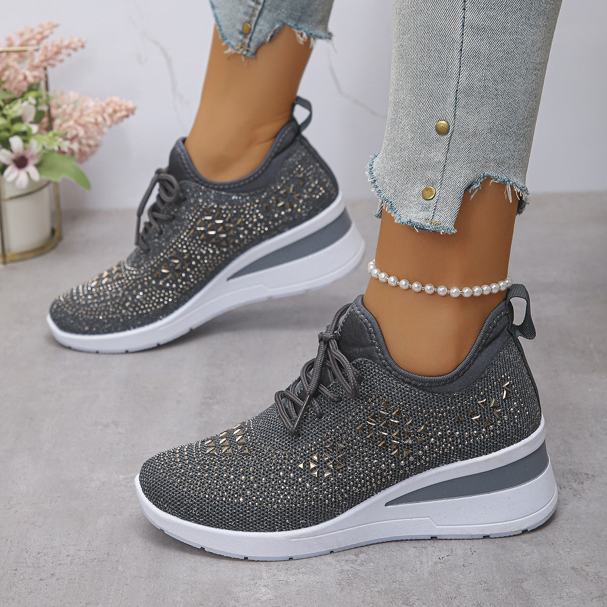 Women's wedge sneakers with rhinestones, lace-up and mesh lined