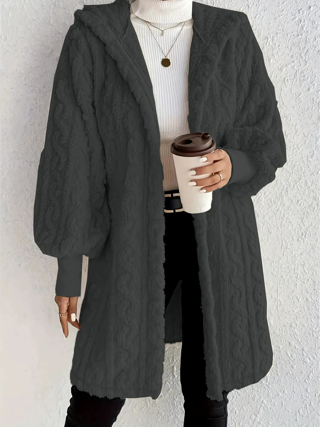 Women's Hooded Double-Sided Plush Long Coat With Cuff Thread