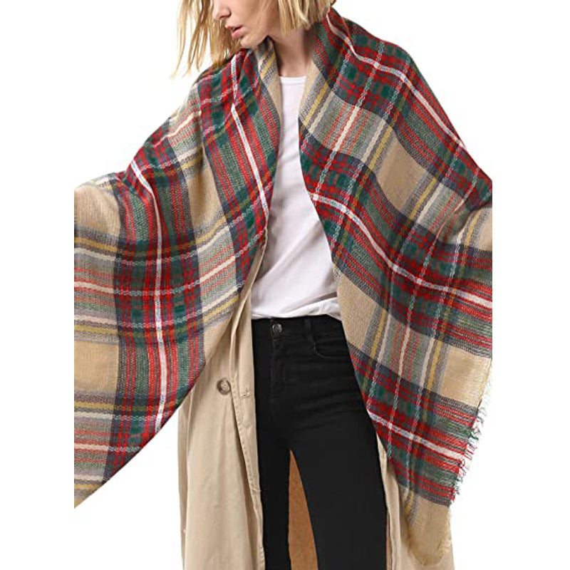Oversized Tartan Blanket Scarf With Tassels, 59 x 59 Inch