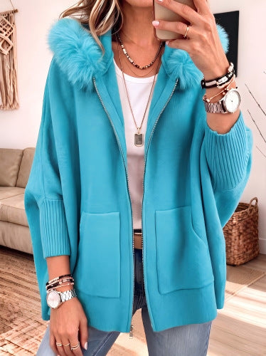 Women's Plush Hooded Zip-Up Cardigan With Pockets, Batwing Sleeve
