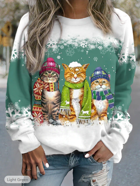 Women's Christmas top with snowman and cat print, relaxed fit