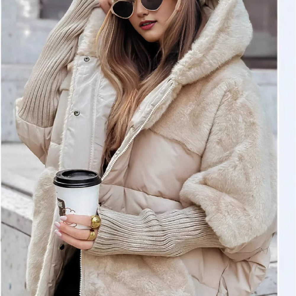 Women's Loose Cotton Coat With Faux Fur Patchwork And Hood