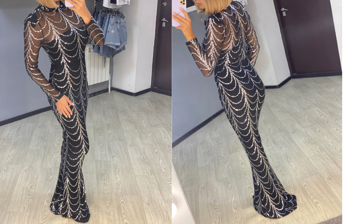 Sequin Long-Sleeve Maxi Dress For Women, Party And Christmas