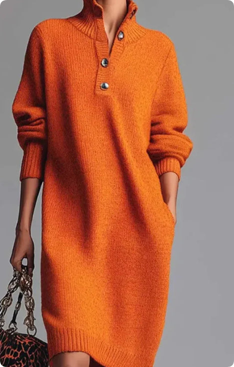 Women's Long-Sleeve V-Neck Sweater Dress With Button Collar