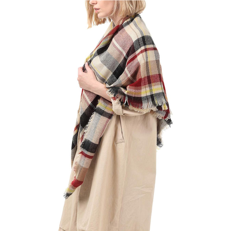 Red Tartan Blanket Scarf With Tassels, Oversized 59 x 59 Inch