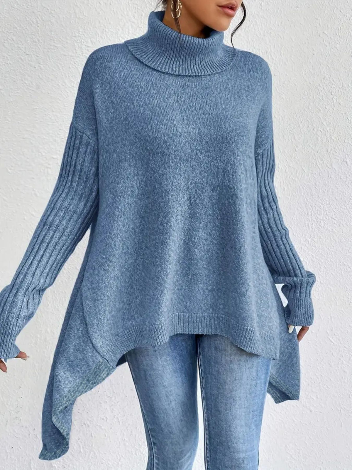 Irregular Hem Turtleneck Jumper For Women, Loose Knitted