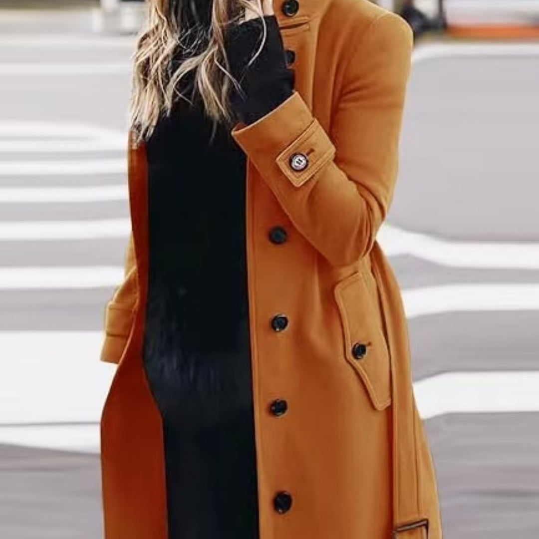Women's Slim Fit Woollen Coat With Stand Collar, Single-Breasted