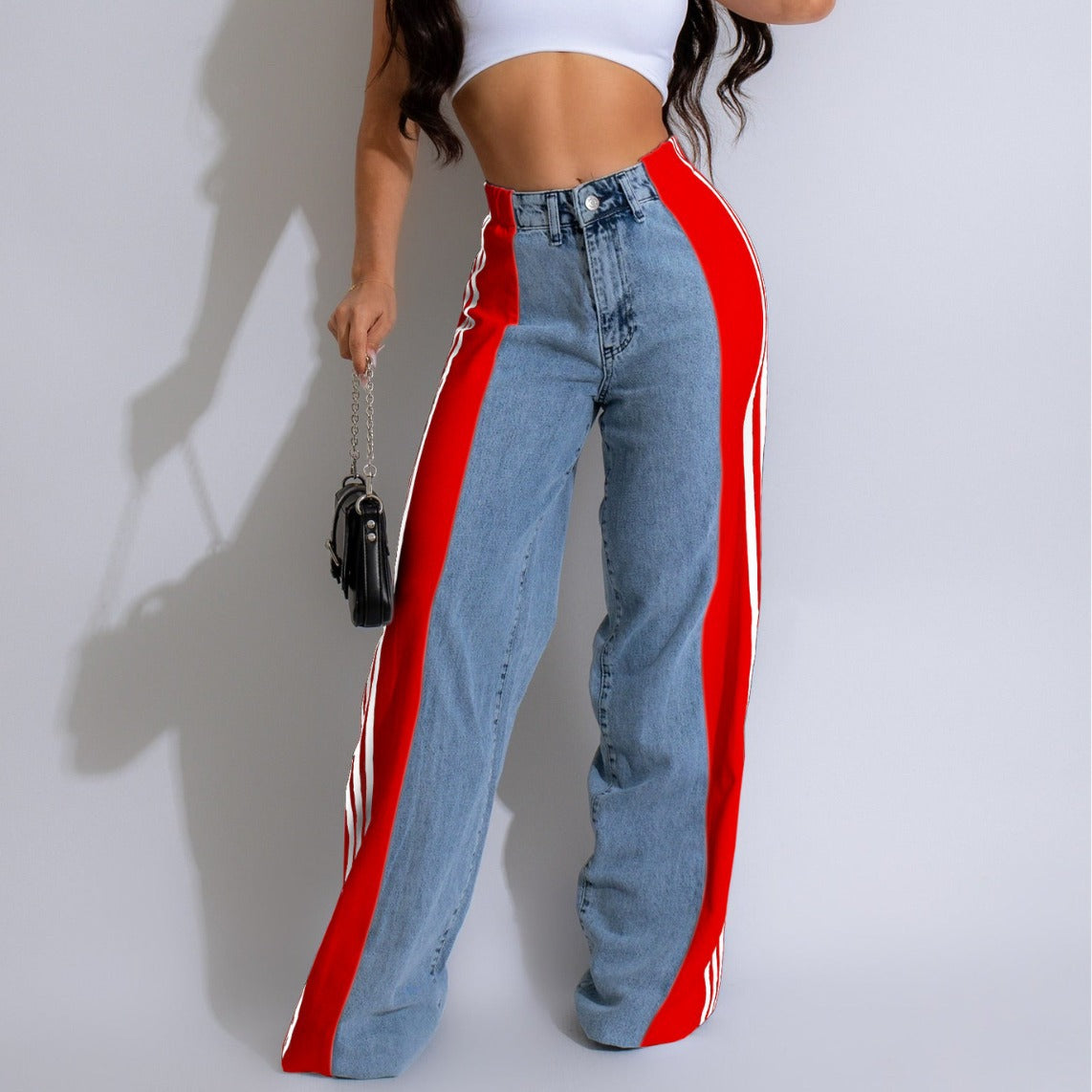 High-waisted wide leg jeans with side stripe, stretchy fit
