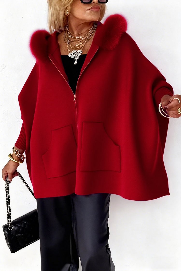 Women's Plush Hooded Zip-Up Cardigan With Pockets, Batwing Sleeve