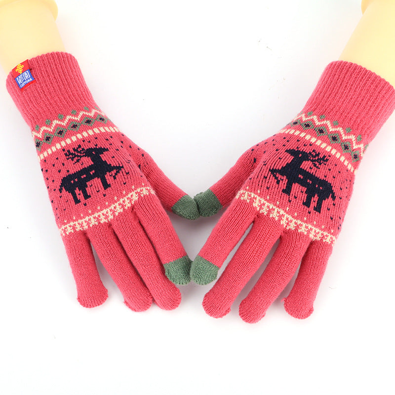 Women's Knitted Touch Screen Gloves With Deer And Snowflake Design