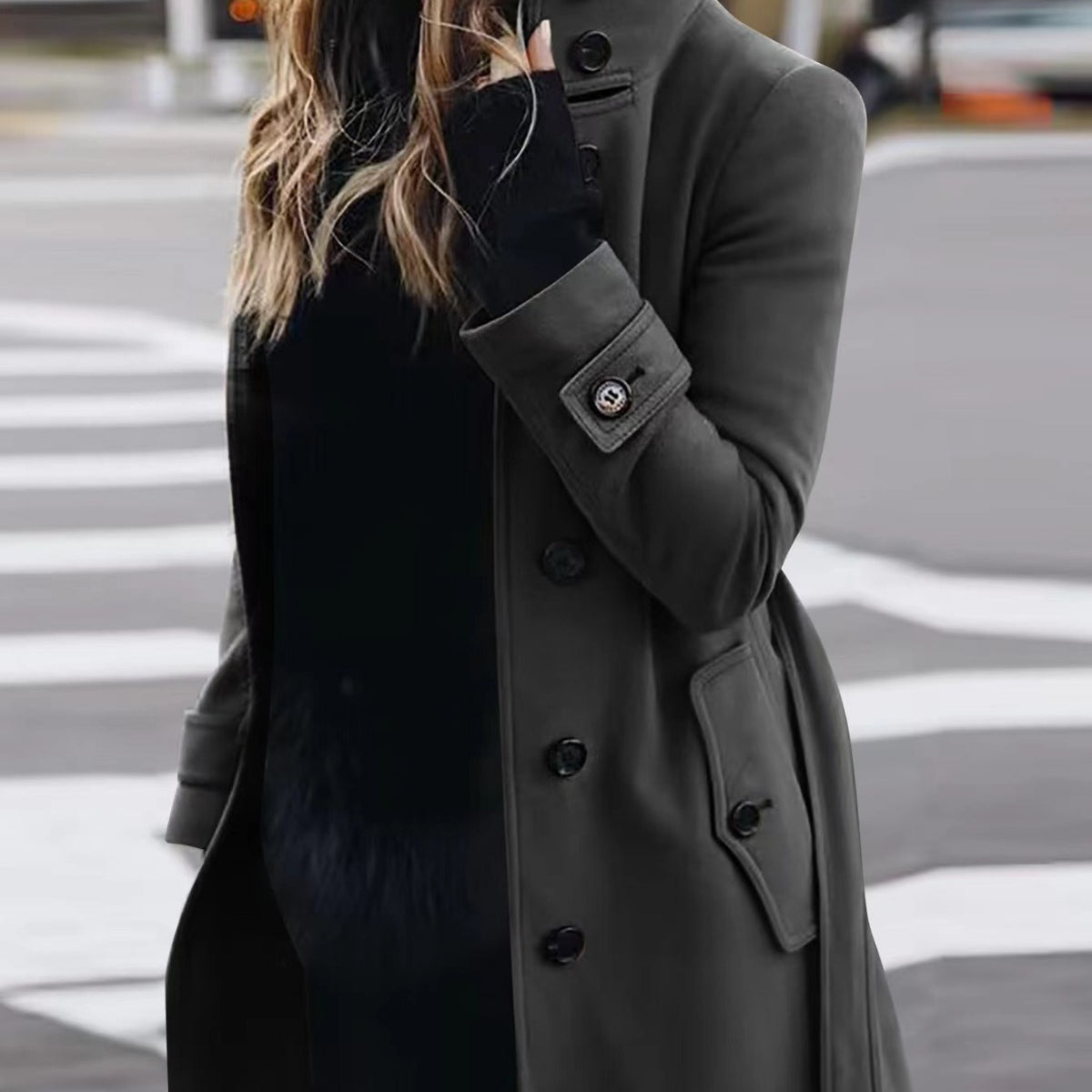 Women's Slim Fit Woollen Coat With Stand Collar, Single-Breasted